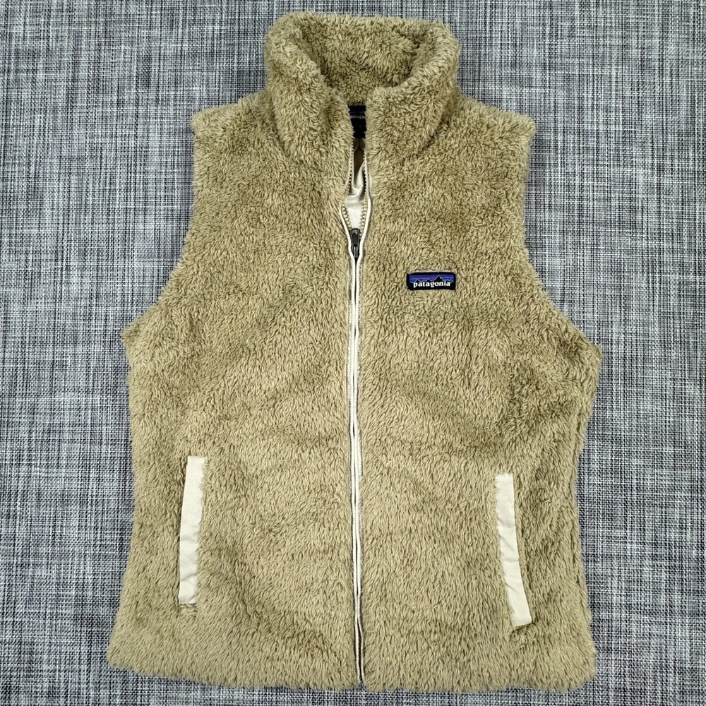 Patagonia Womens Medium Los Gatos Vest Tan High Pile Fleece Full Zip Pockets